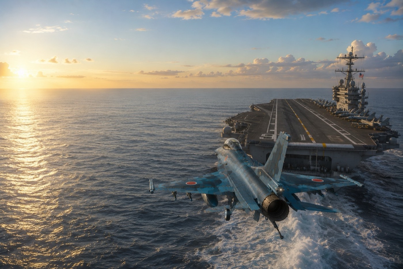 航行する空母の後方に付き、着艦進入する F-2