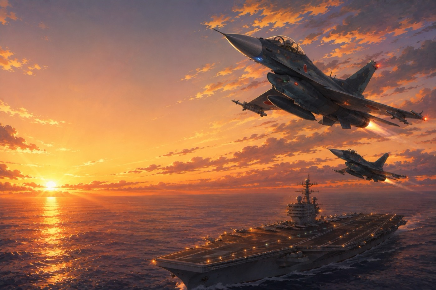 夕暮れの洋上、空母へ帰投する F-2 の編隊