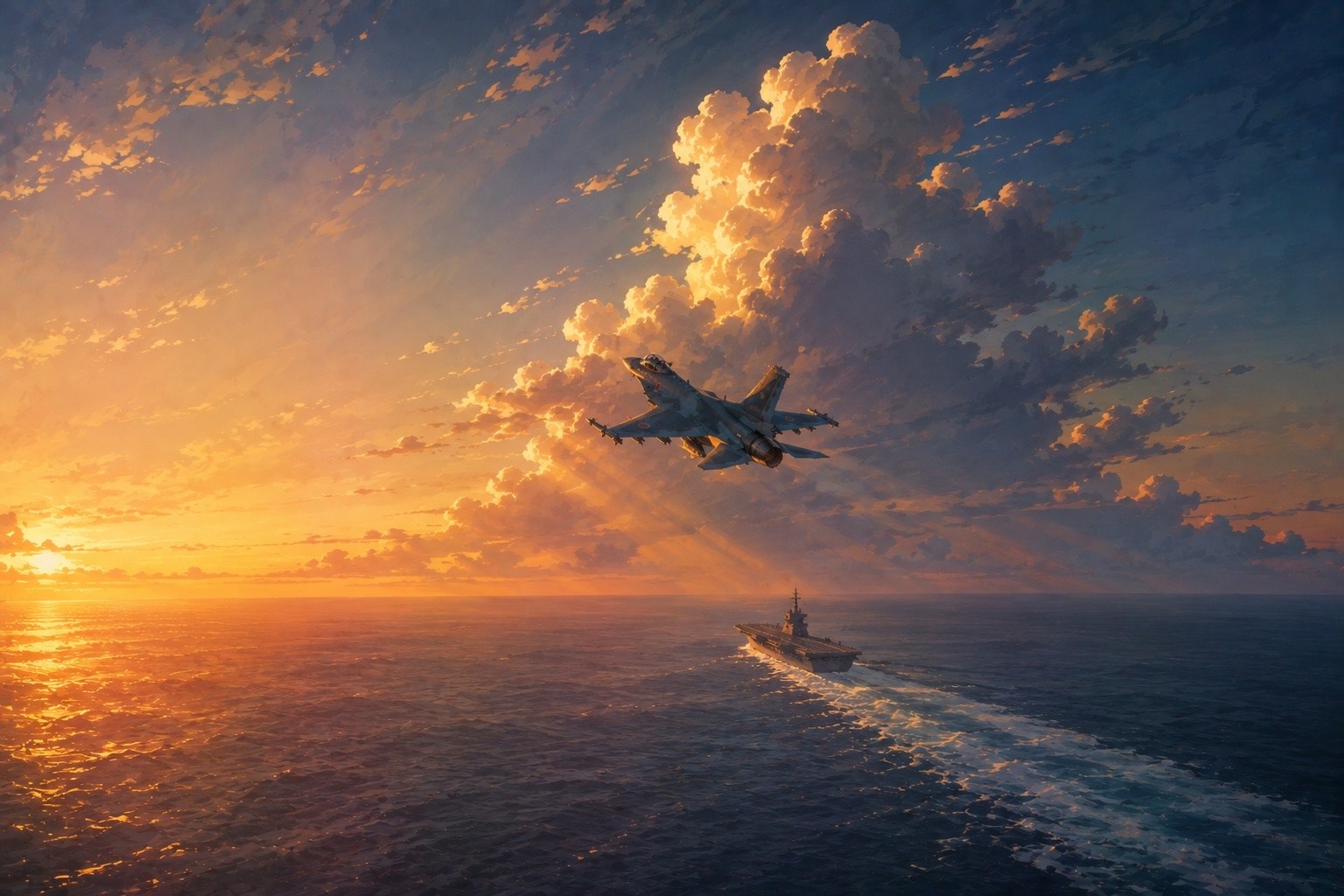 夕陽の海を離れて上昇する F-2 と、遠くに白い航跡を引く空母