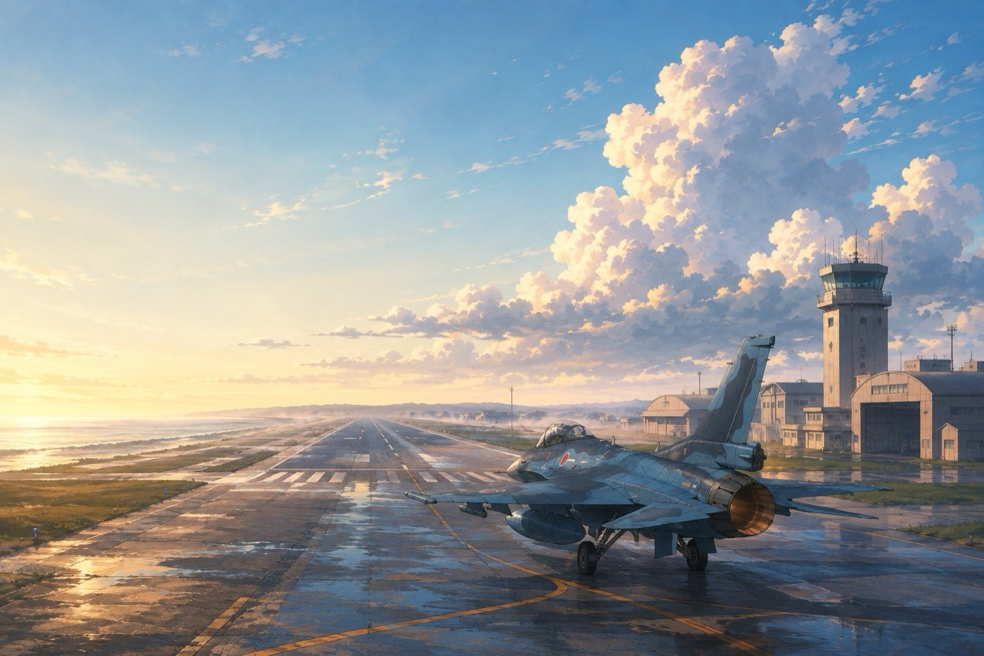 朝の松島基地。海沿いの滑走路の脇に駐機する F-2 と管制塔