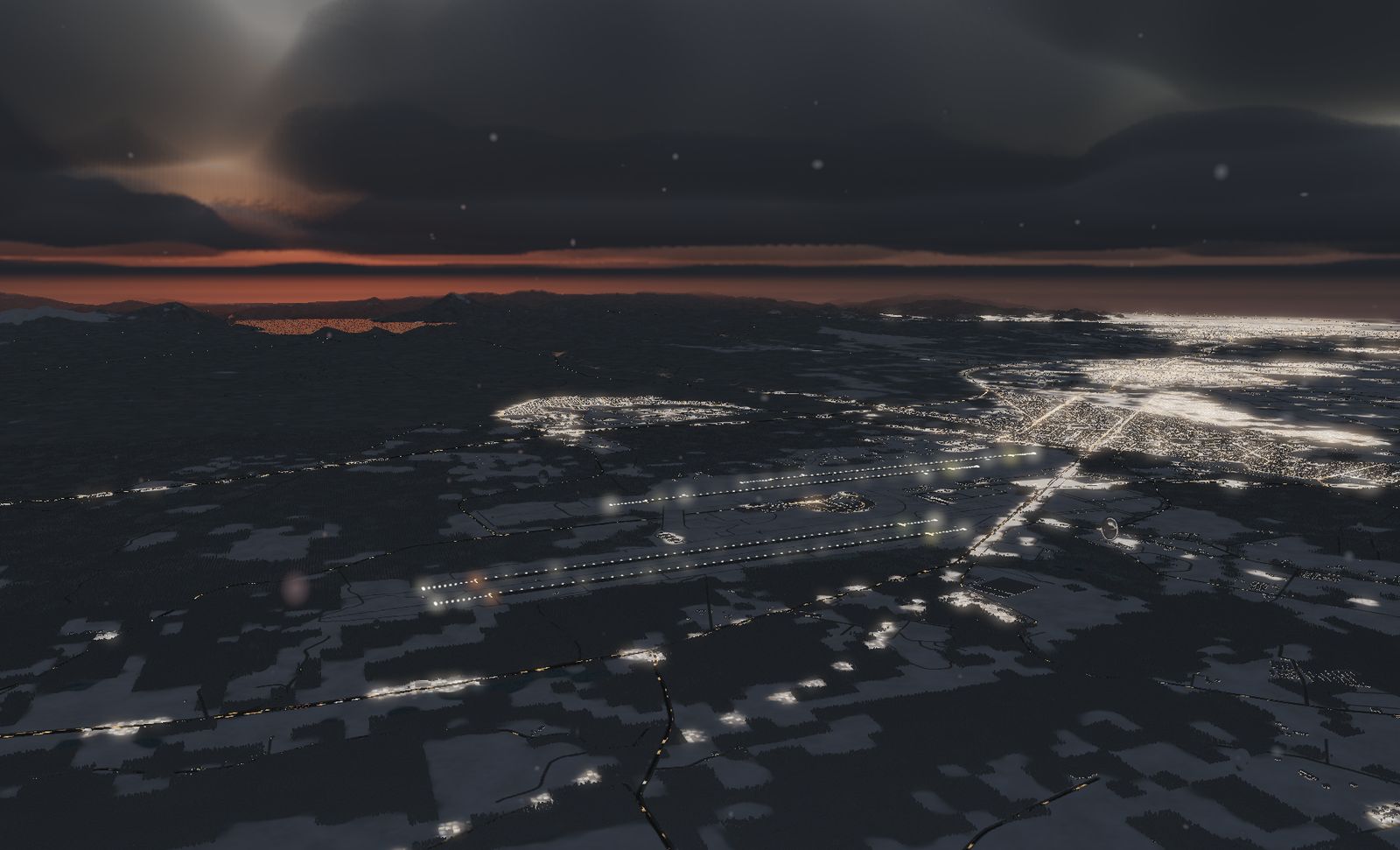 雪に覆われた夜の千歳基地。滑走路灯が二列に伸び、右手に千歳市街の灯りが広がる